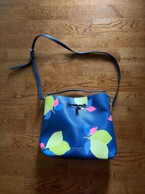 Kate Spade New York Eva Lemon Zest Tote Bag Large Bucket Leather Blue Yellow